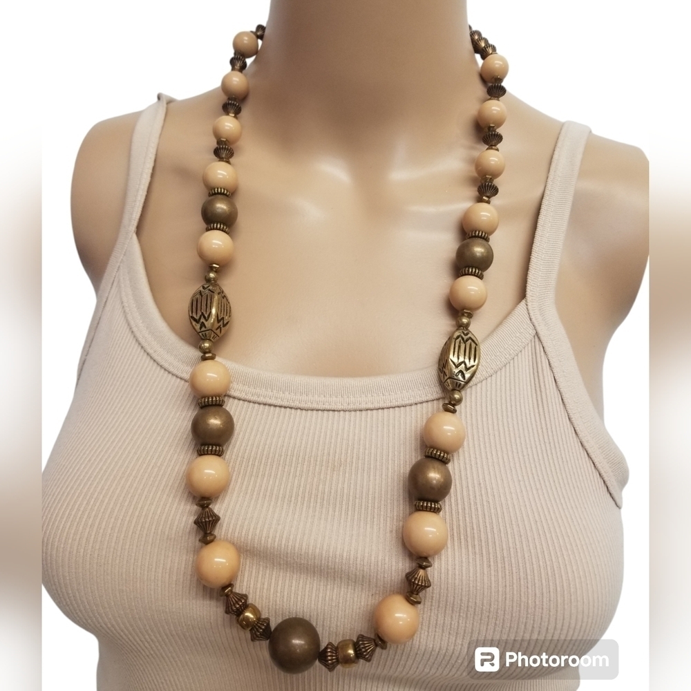 VINTAGE LONG BRONZE & BEIGE COLOR CHUNKY BEADED STATEMENT NECKLACE